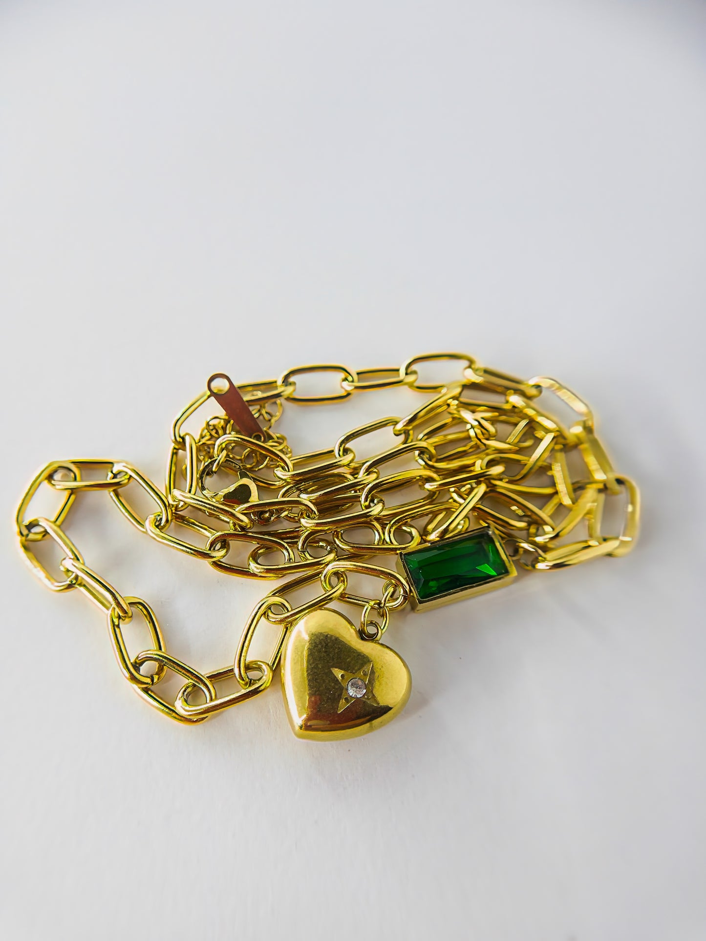 Stainless Steel Chain Link with Heart and Green Emerald Stone Necklace