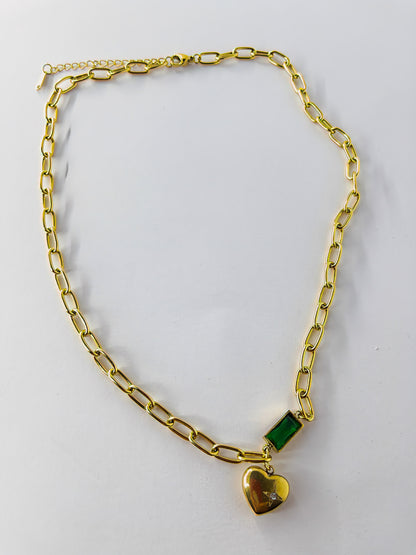 Stainless Steel Chain Link with Heart and Green Emerald Stone Necklace