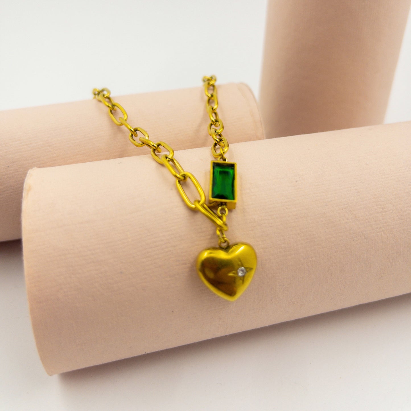 Stainless Steel Chain Link with Heart and Green Emerald Stone Necklace