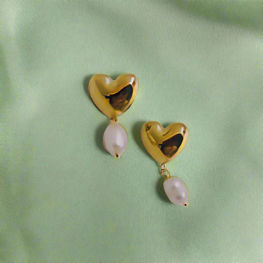 Anti-Tarnish Gold Plated Double Tier Heart and Pearl Dangler