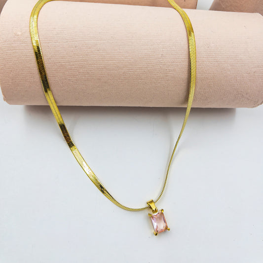 Anti-Tarnish Snake Chain with Pink Stone Locket Necklace