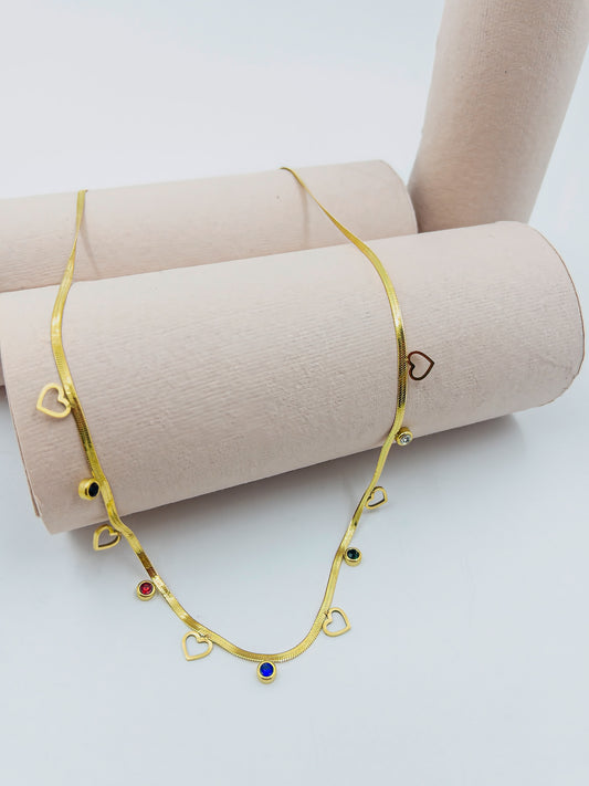 Anti-Tarnish Multi Colour Stone & Heart Necklace