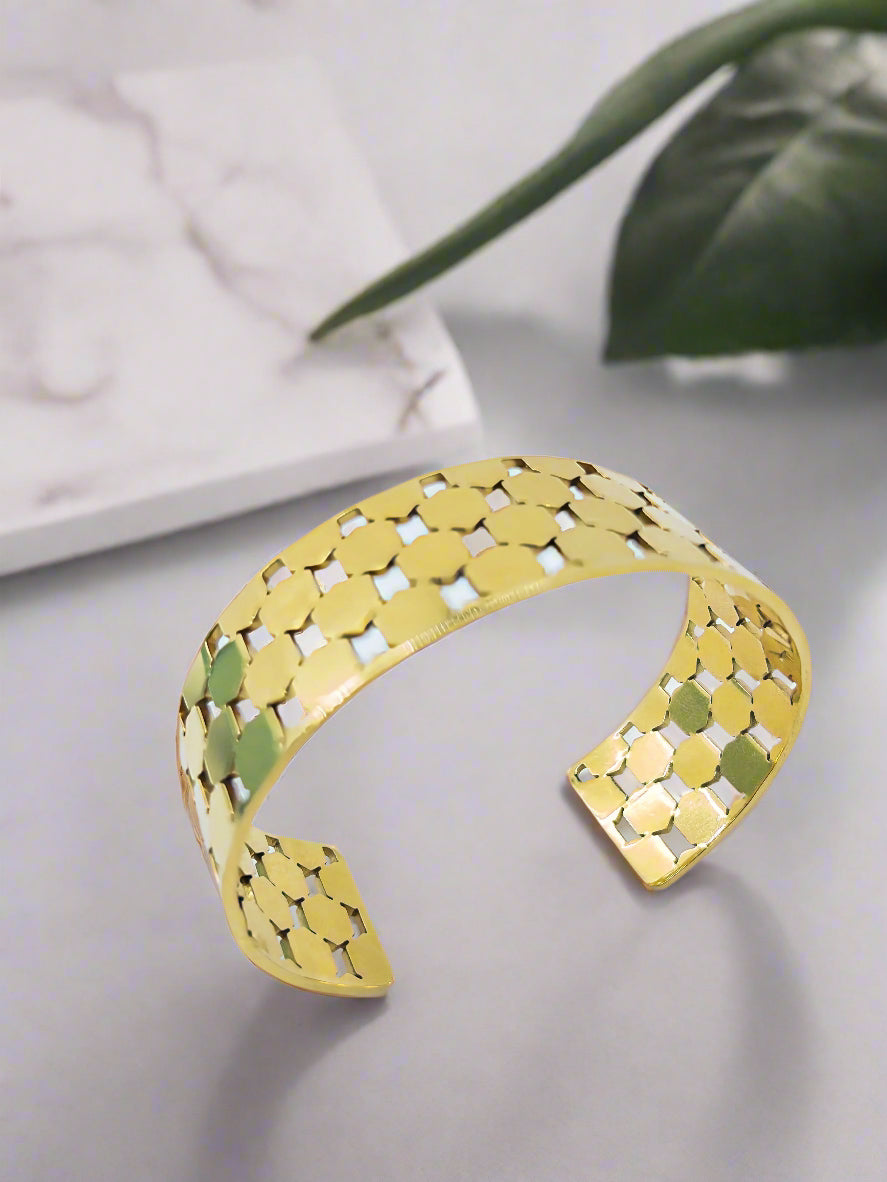 Anti Tarnish Gold Plated Wide Square Pattern Bracelet