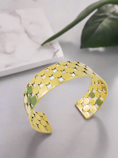 Anti Tarnish Gold Plated Wide Square Pattern Bracelet