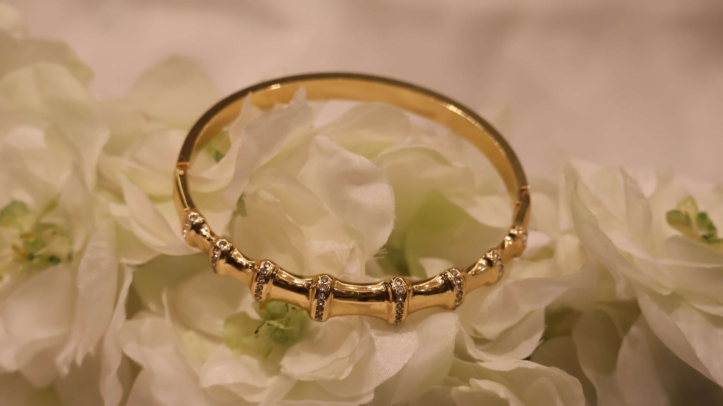 Elegant Gold-Tone Barrel & Crystal Bangle Bracelet