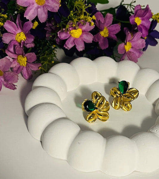 Anti Tarnish chunky Flower with green gemstone Earrings