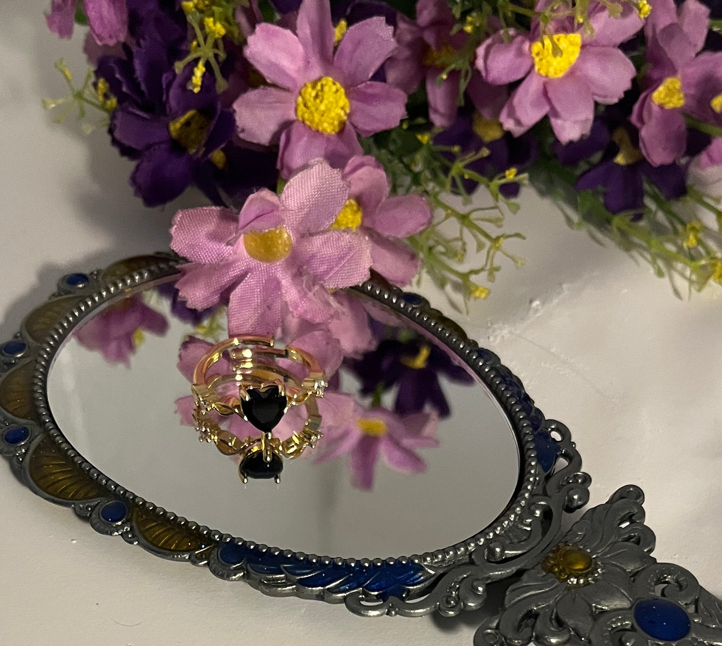 Crown Black Heart Gemstone Ring