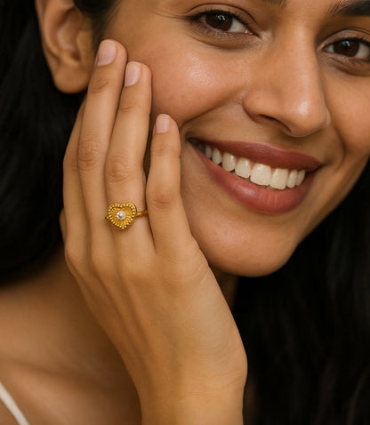 Anti-Tarnish Gold Plated Adjustable White AD Heart Zircon Ring