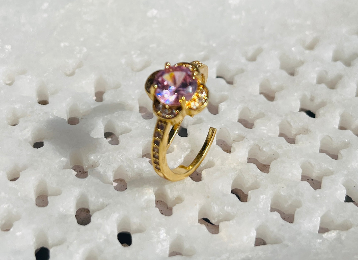 Anti-Tarnish Gold Plated Adjustable Pink Flower Zircon Ring