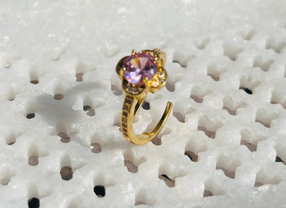 Anti-Tarnish Gold Plated Adjustable Pink Flower Zircon Ring