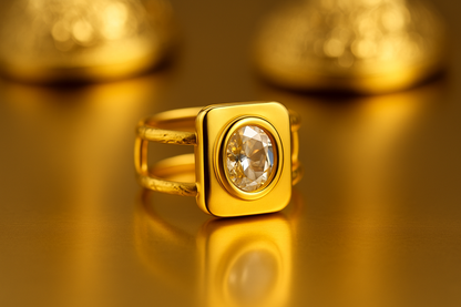 Bold Gold-Tone Square Statement Ring with Clear Stone