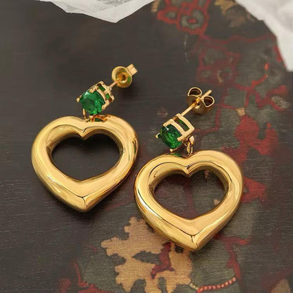 Anti-Tarnish Gold Plated Heart Dangler Emerald Green Tops