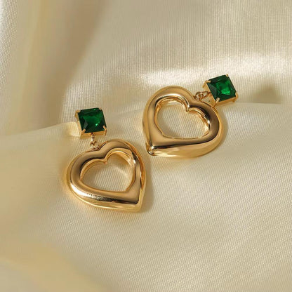 Anti-Tarnish Gold Plated Heart Dangler Emerald Green Tops