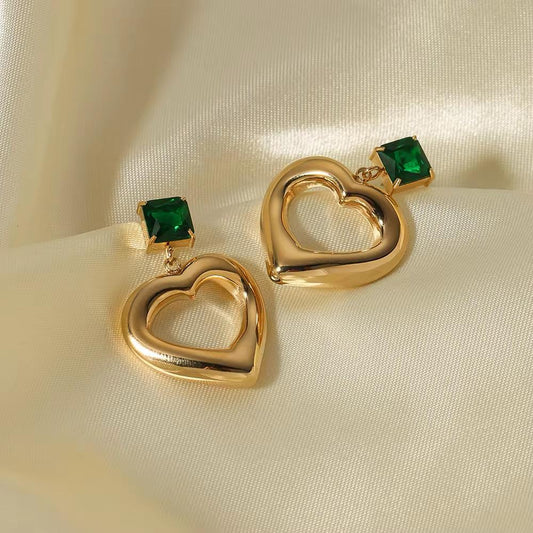 Anti-Tarnish Gold Plated Heart Dangler Emerald Green Tops