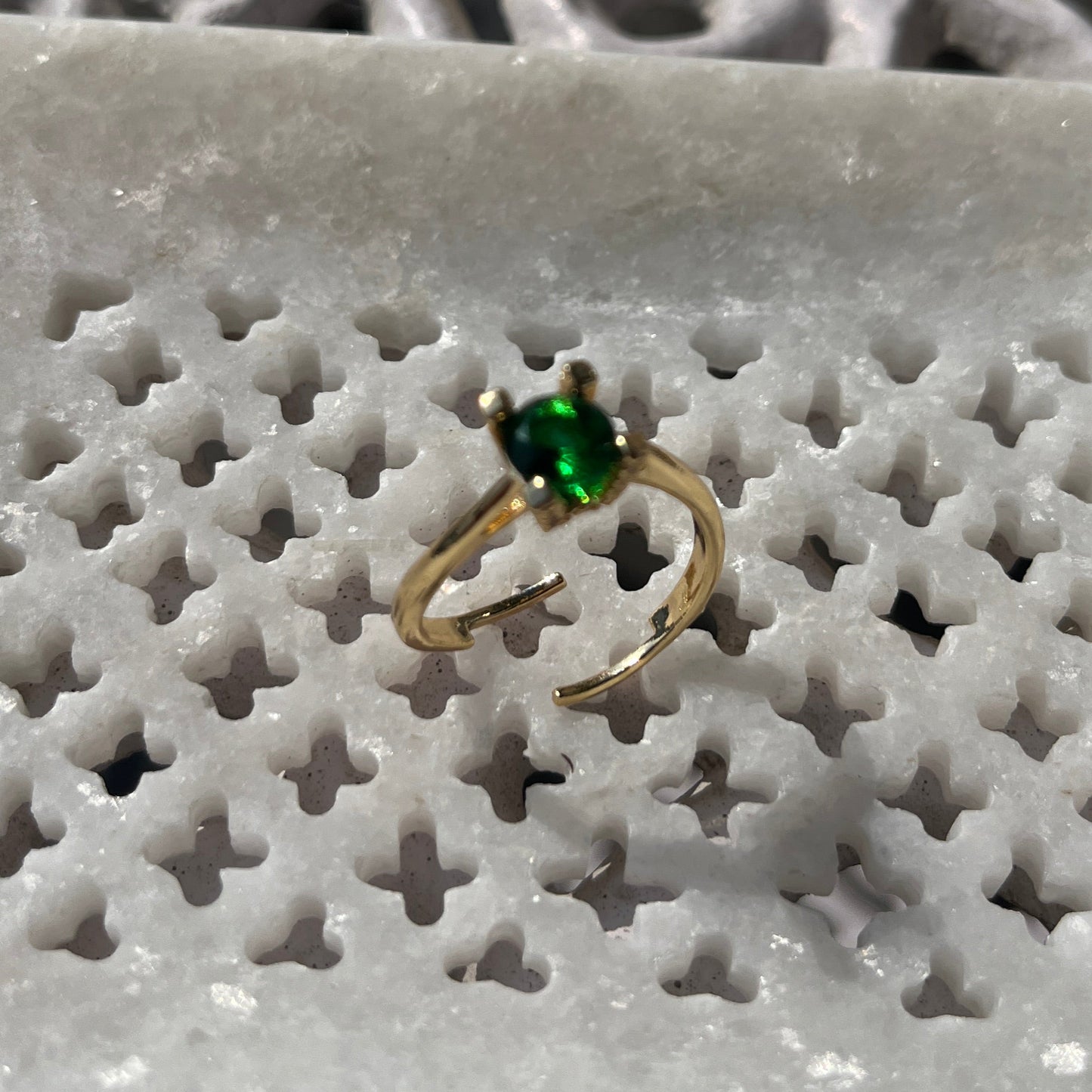 Anti-Tarnish Gold Plated Adjustable Green Solitaire Style Zircon Ring