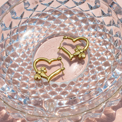 Anti-Tarnish Gold Plated Honeybee Heart Hoop Earrings
