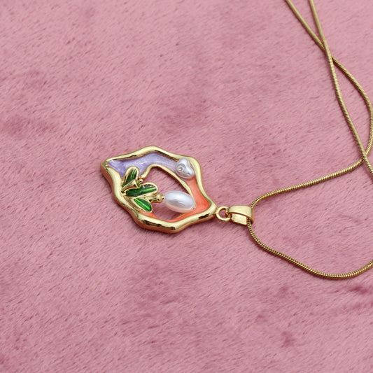 Anti Tarnish Gold Plated Necklace with Vintage Design, Purple Orange