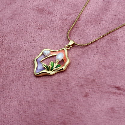 Anti Tarnish Gold Plated Necklace with Vintage Design, Purple Orange