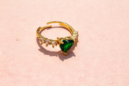 Anti-Tarnish Gold Plated Adjustable Green Heart Zircon with AD on band Ring - Royal