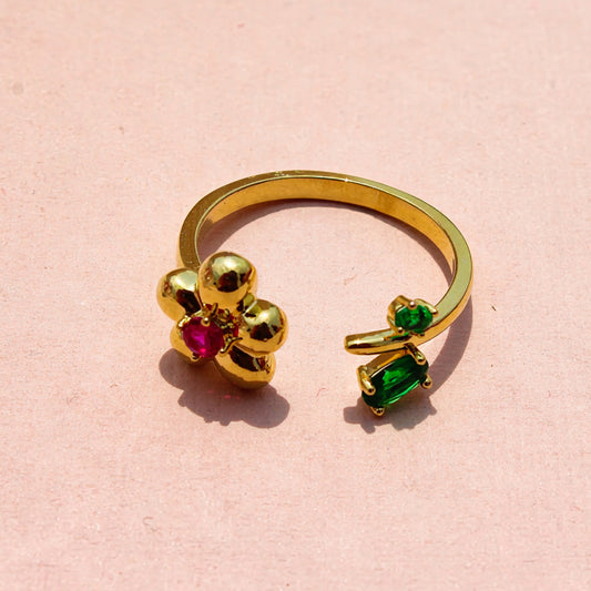 Anti-Tarnish Gold Plated Adjustable Vintage Green Tulip Flower Ring