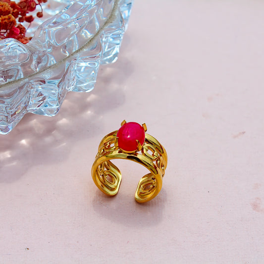 Anti-Tarnish Gold Plated Ajustable Ring Pink Stone
