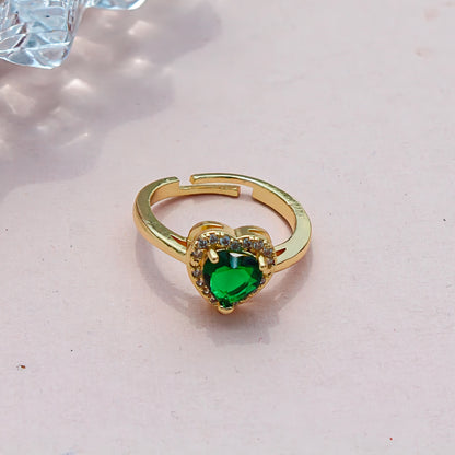 Anti-Tarnish Gold Plated Adjustable Green Heart Zircon with White AD Ring