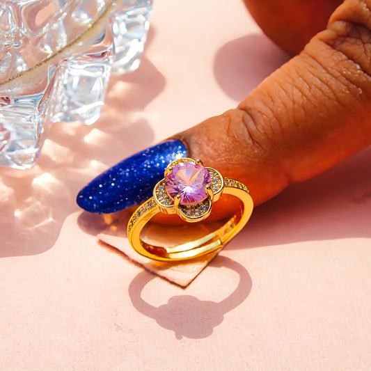 Anti-Tarnish Gold Plated Adjustable Pink Flower Zircon Ring