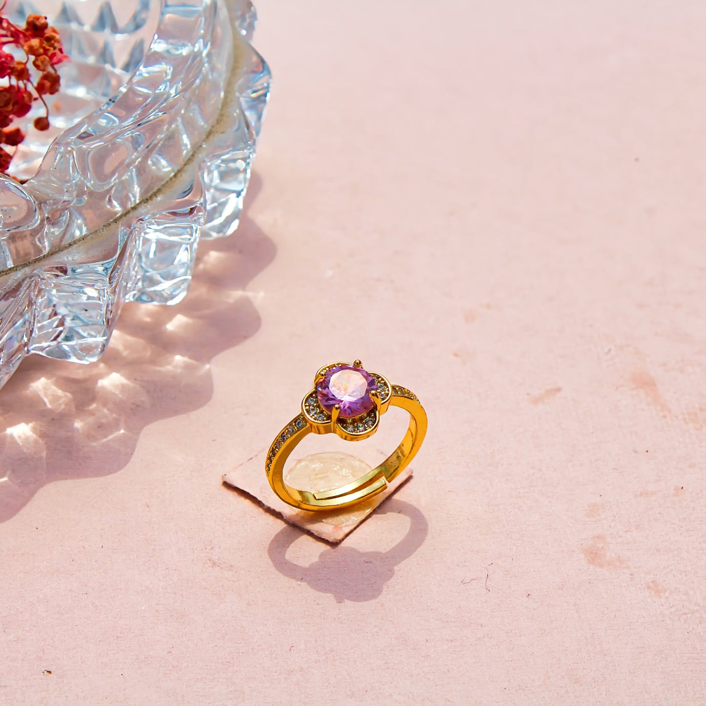 Anti-Tarnish Gold Plated Adjustable Pink Flower Zircon Ring
