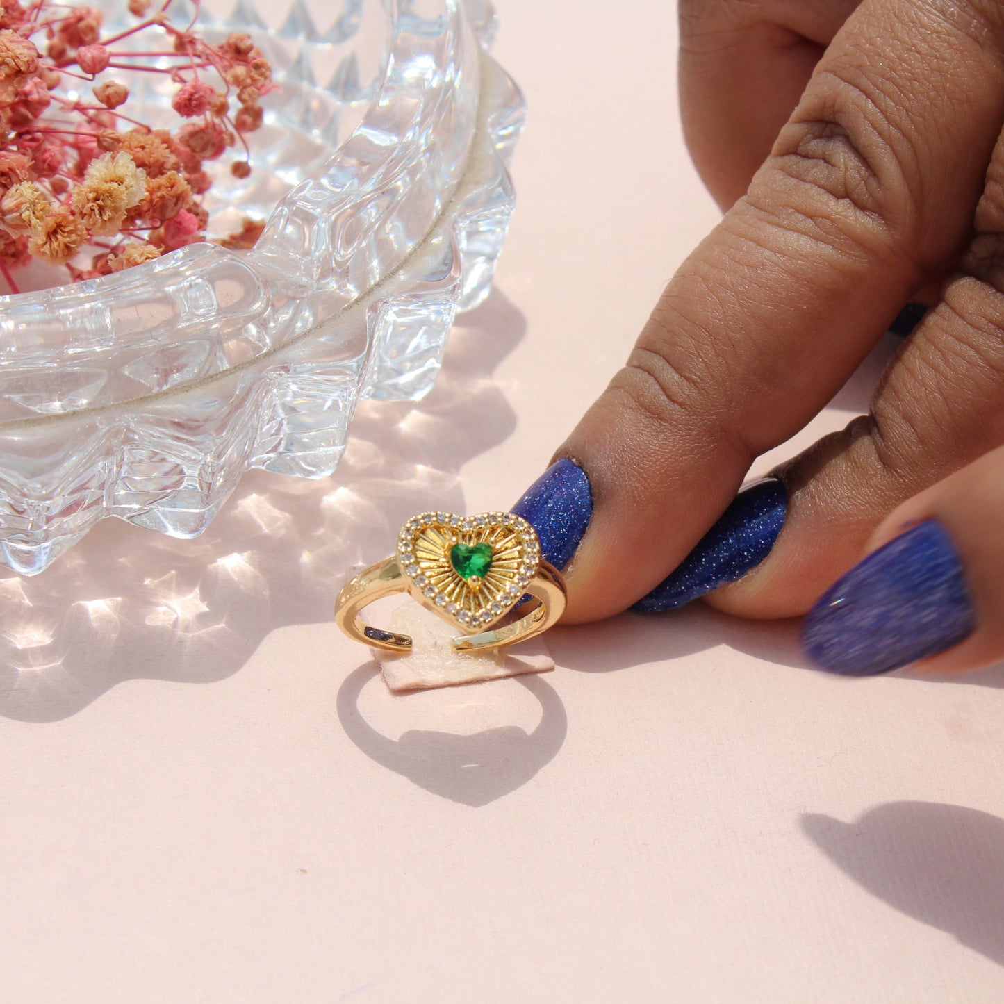 Anti-Tarnish Gold Plated Adjustable Green Heart Zircon Ring