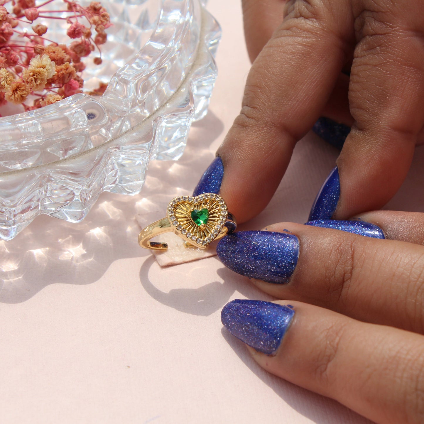 Anti-Tarnish Gold Plated Adjustable Green Heart Zircon Ring