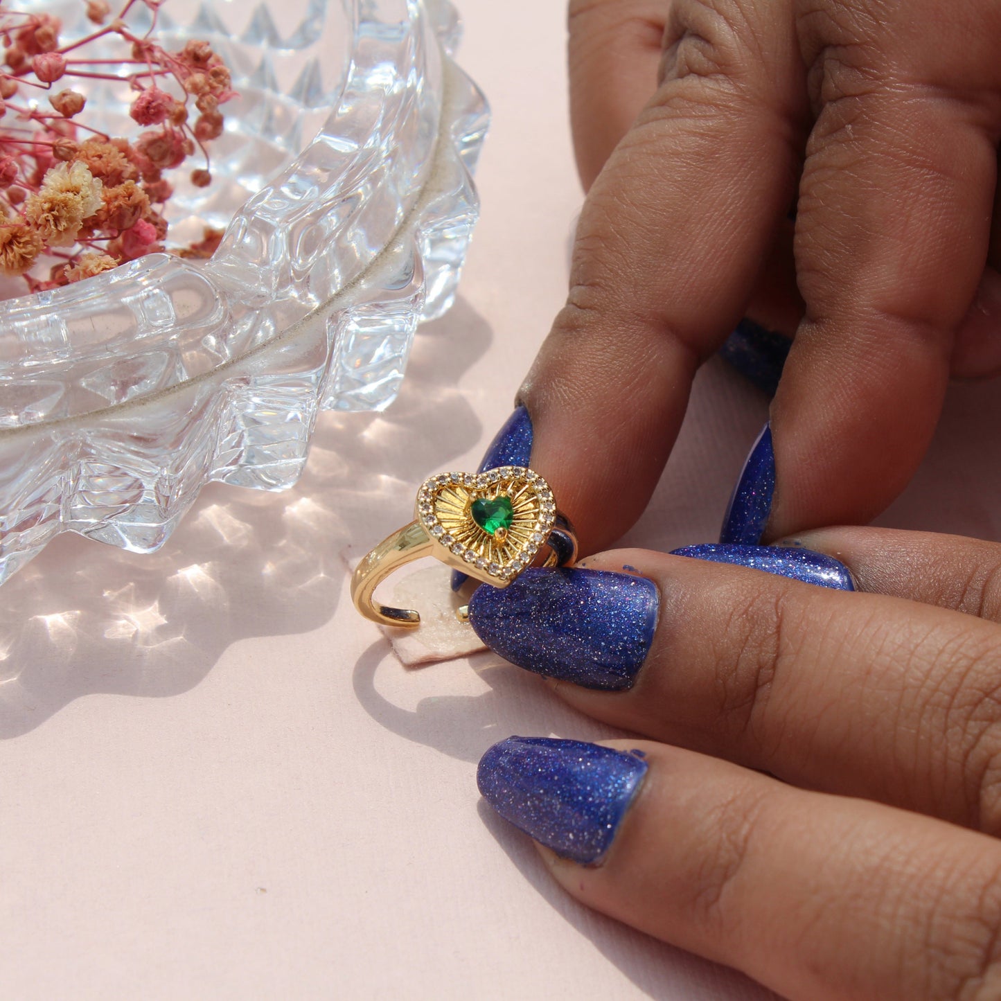 Anti-Tarnish Gold Plated Adjustable Green Heart Zircon Ring