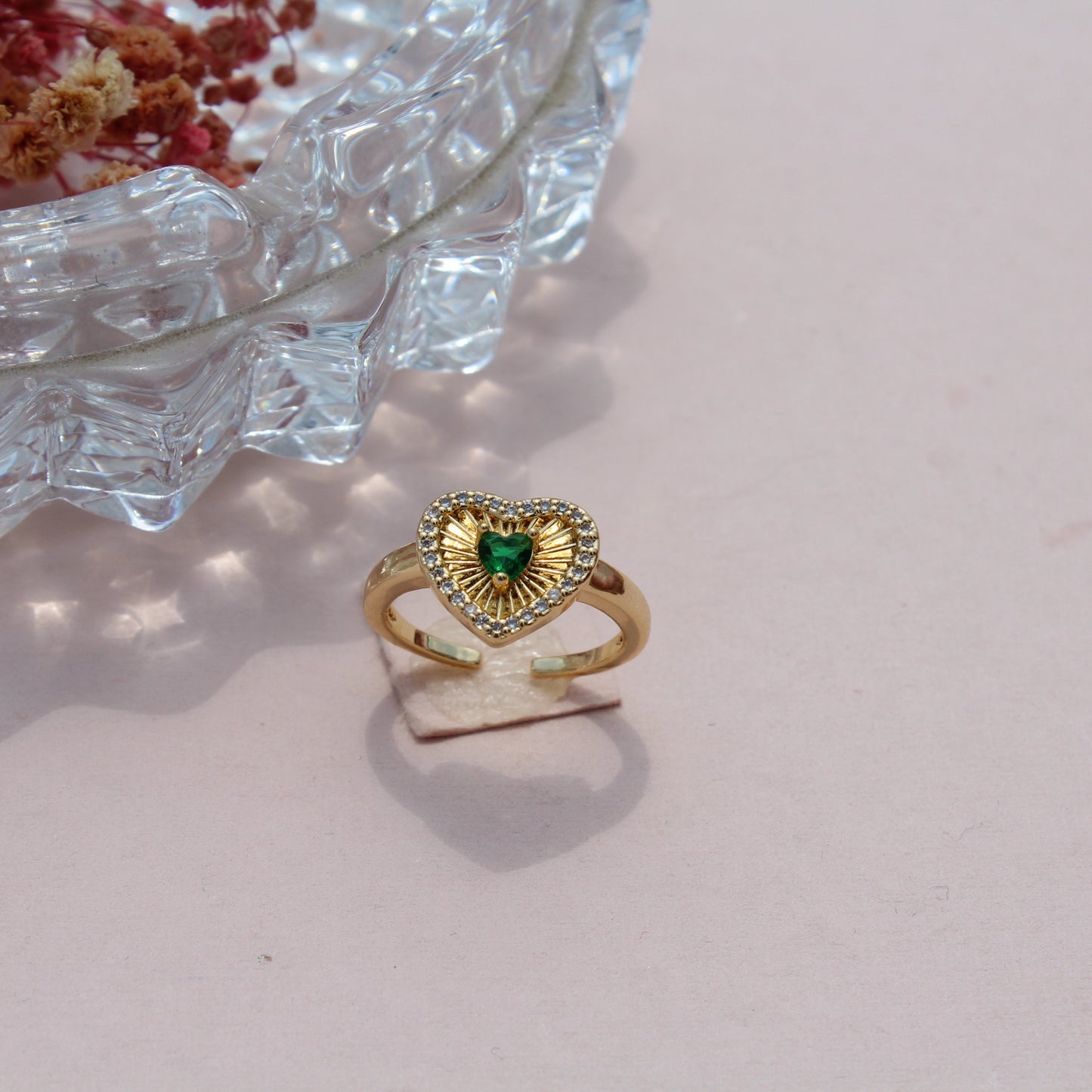 Anti-Tarnish Gold Plated Adjustable Green Heart Zircon Ring
