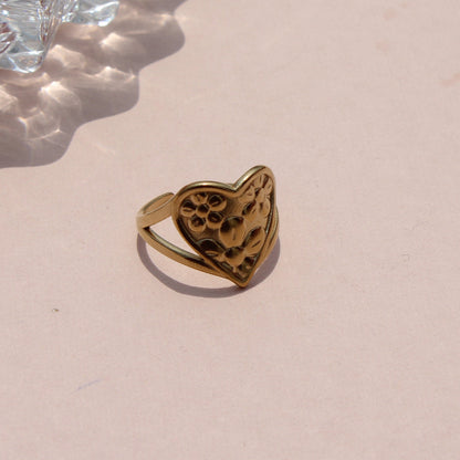 Anti-Tarnish Gold Plated Adjustable Flower Design on Heart Ring