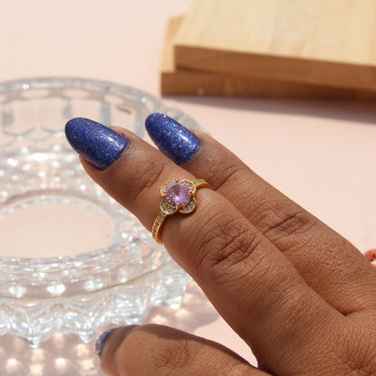 Anti-Tarnish Gold Plated Adjustable Pink Flower Zircon Ring