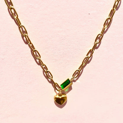 Stainless Steel Chain Link with Heart and Green Emerald Stone Necklace