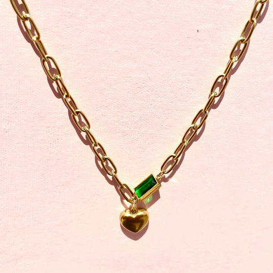 Stainless Steel Chain Link with Heart and Green Emerald Stone Necklace
