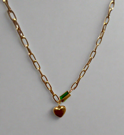 Stainless Steel Chain Link with Heart and Green Emerald Stone Necklace