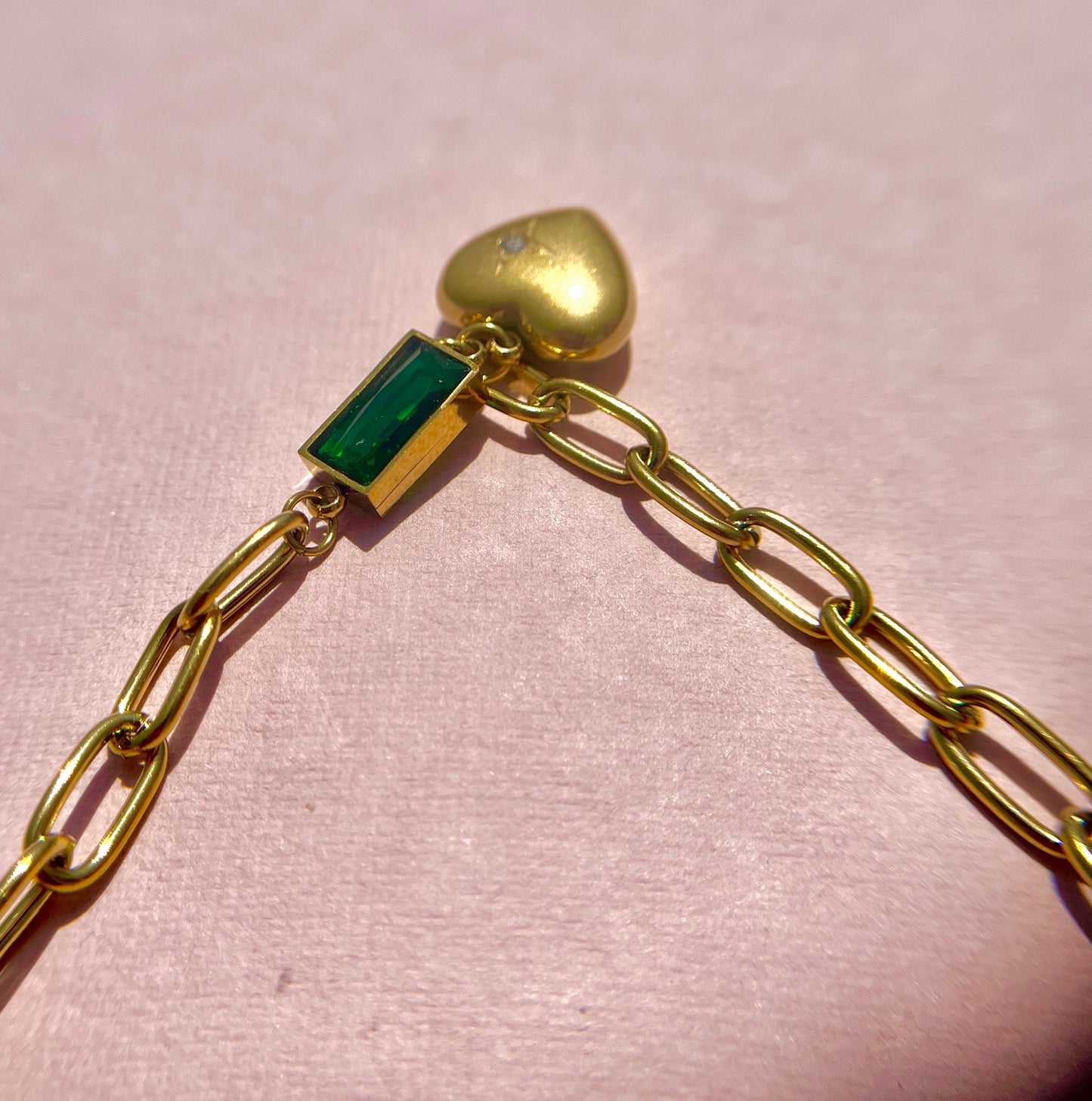 Stainless Steel Chain Link with Heart and Green Emerald Stone Necklace