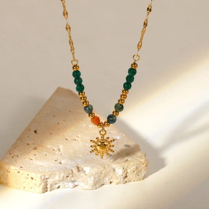Anti-Tarnish Multi Colour Beaded Sun Locket Necklace